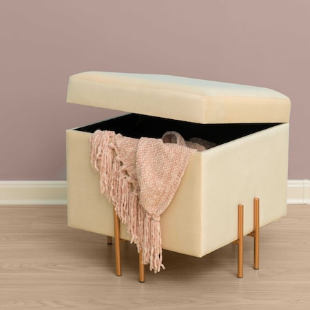 Square Velvet Storage Ottoman With Rose Gold Legs, Ivory